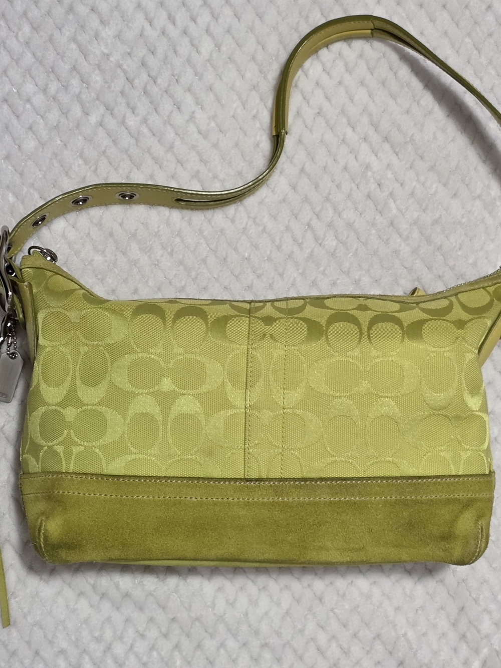 Coach Signature Jacquard Shoulder Bag in Chartreuse with Tassel - Picture 5 of 13